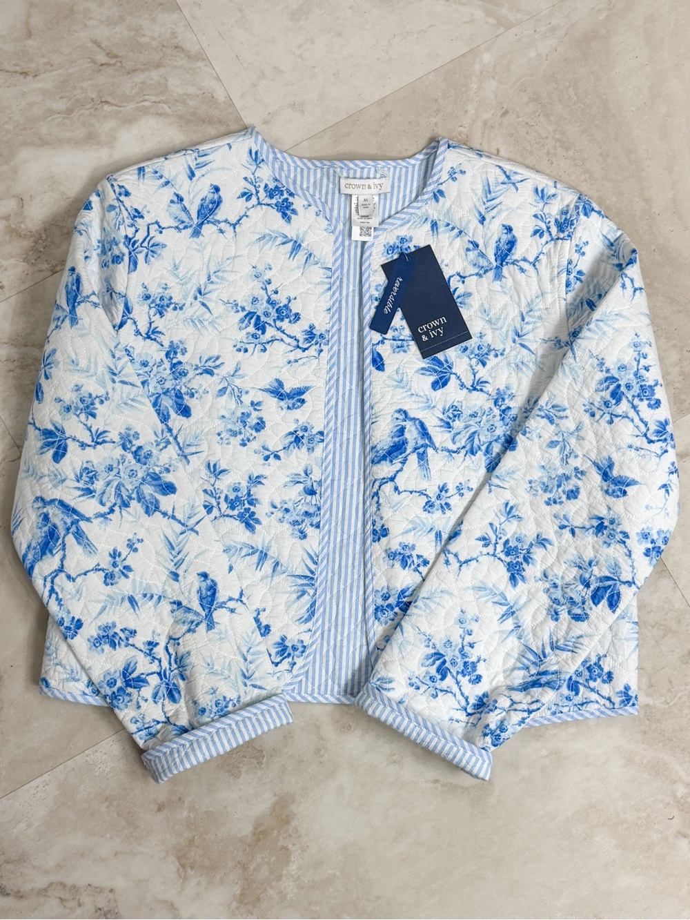 NWT Crown & Ivy Blue Bird Floral Striped Quilted Jacket Medium Cottagecore
